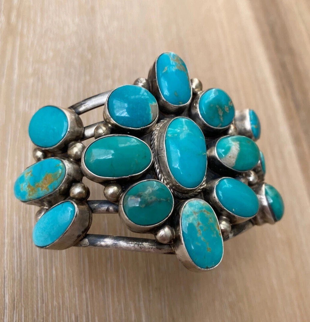 Kathleen Chavez Navajo 93g Royston Turquoise Sterling Silver Cluster Bracelet