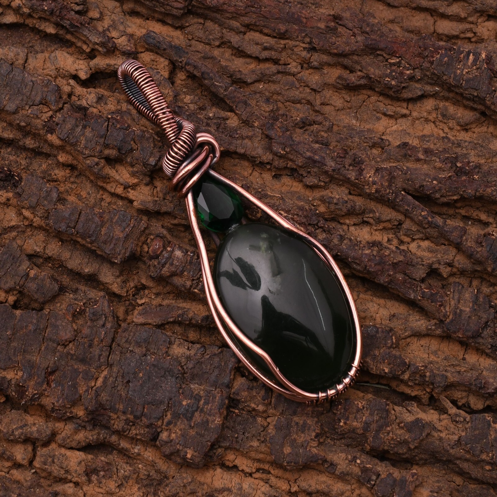 Serpentine Pendant Copper Wire Wrapped Handmade Jewelry Pendant 2.15″