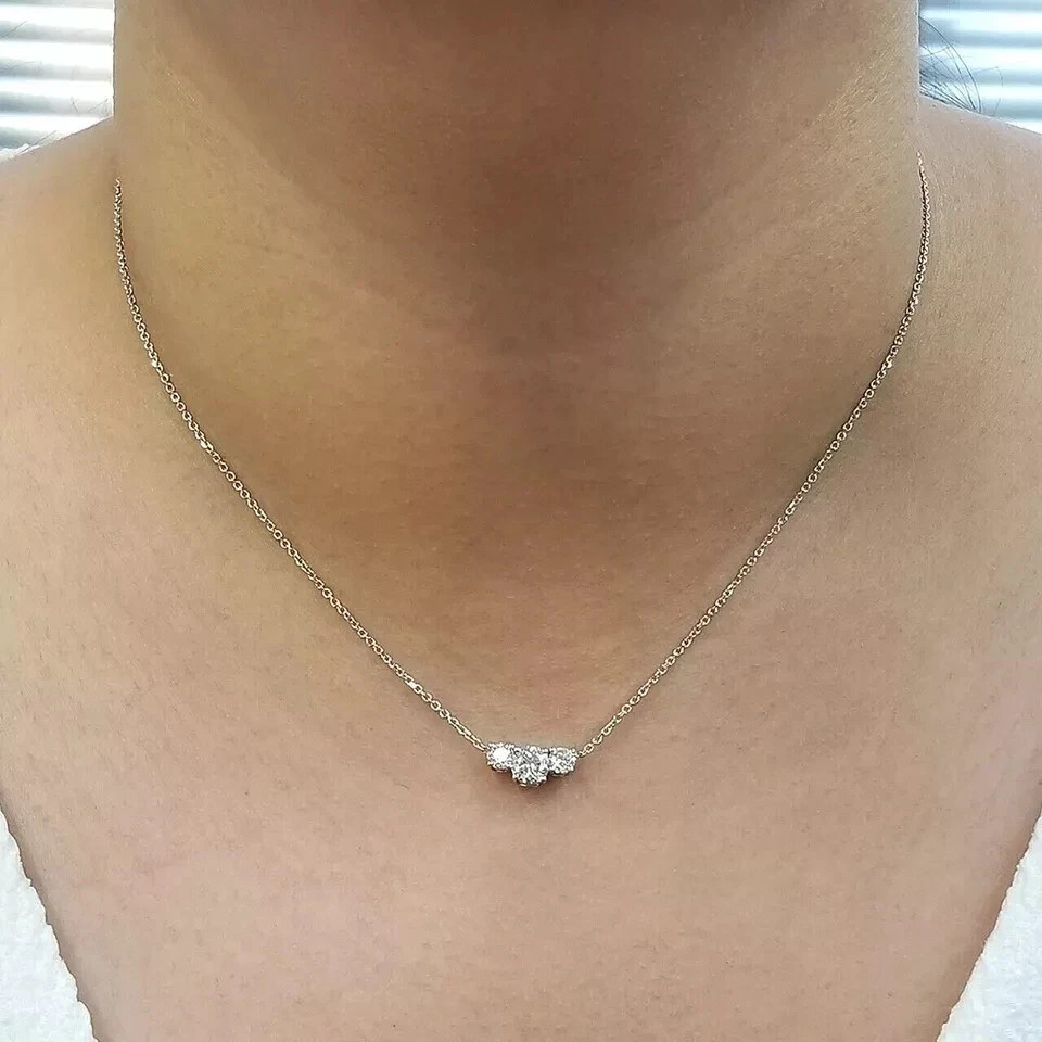 2CT ROUND LAB CREATED WHITE DIAMOND 3 STONE PENDANT NECKLACE 14K WHITE GOLD OVER