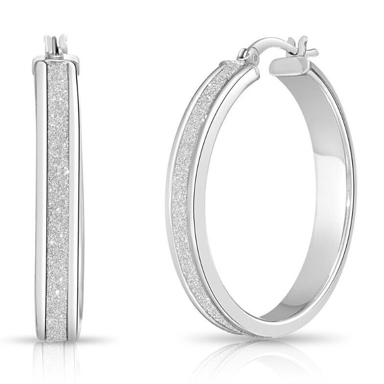925 Solid Sterling Silver Glitter Round Bold Creole Hoop Earrings All Sizes