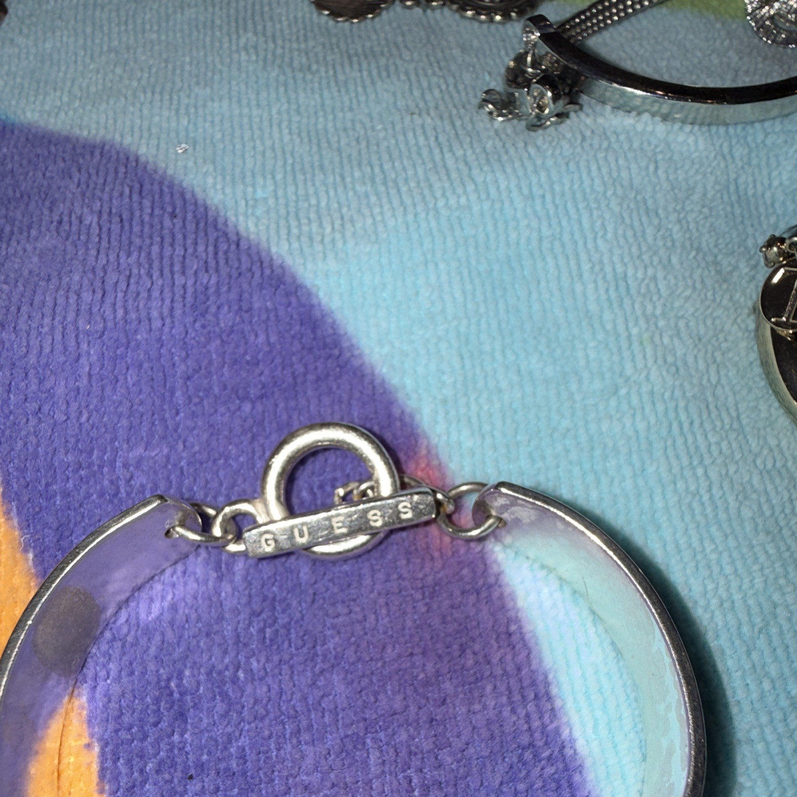 GUESS Silver Tone Signed Metal Toggle Bangle Bracelet, No Stone