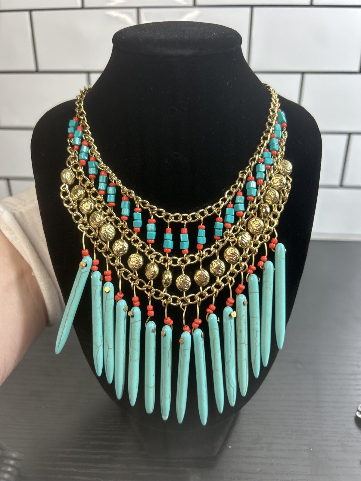 Da Vinci Gold Tone Beaded Necklace W Ear Rings Turquoise Red Beads NWT