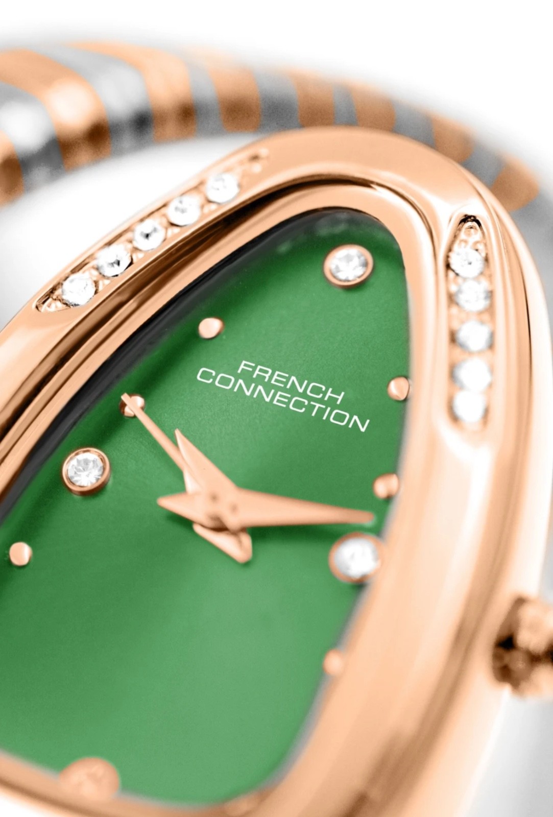 French Connection Women’s Serpent Style Green Dial Gold Tone Quartz Bracelet Wat