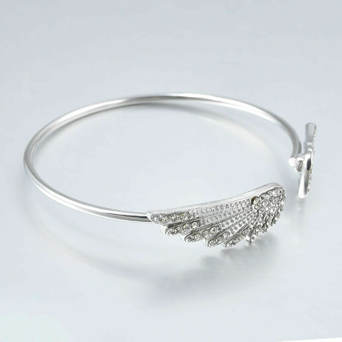 Elegant 925 Sterling Silver Angel Wings White Topaz Fashion Bracelet Bangle Cuff