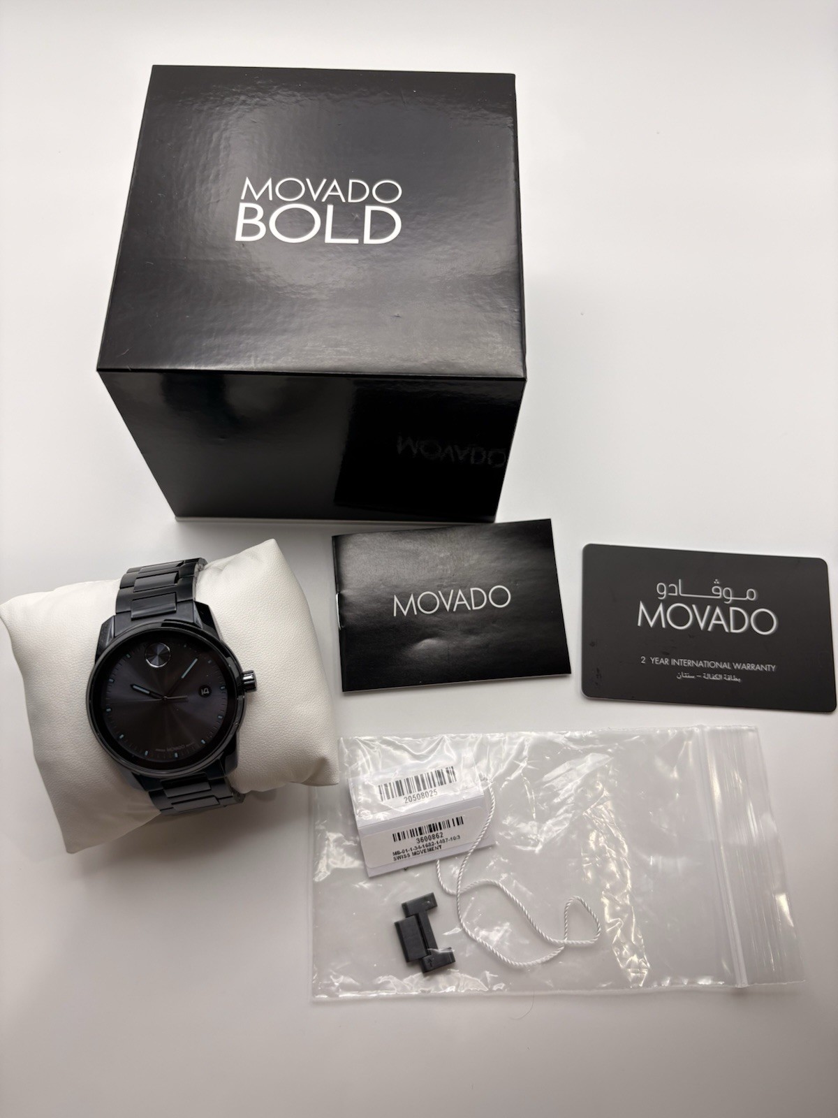 Movado Bold 44mm Black Dial Black SS Bracelet Quartz Date 30m Box Papers