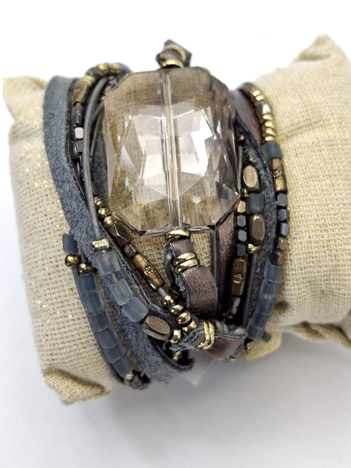 Nakamol Beaded Wrap Bracelet with Smokey Faceted Crystal focal gray leather
