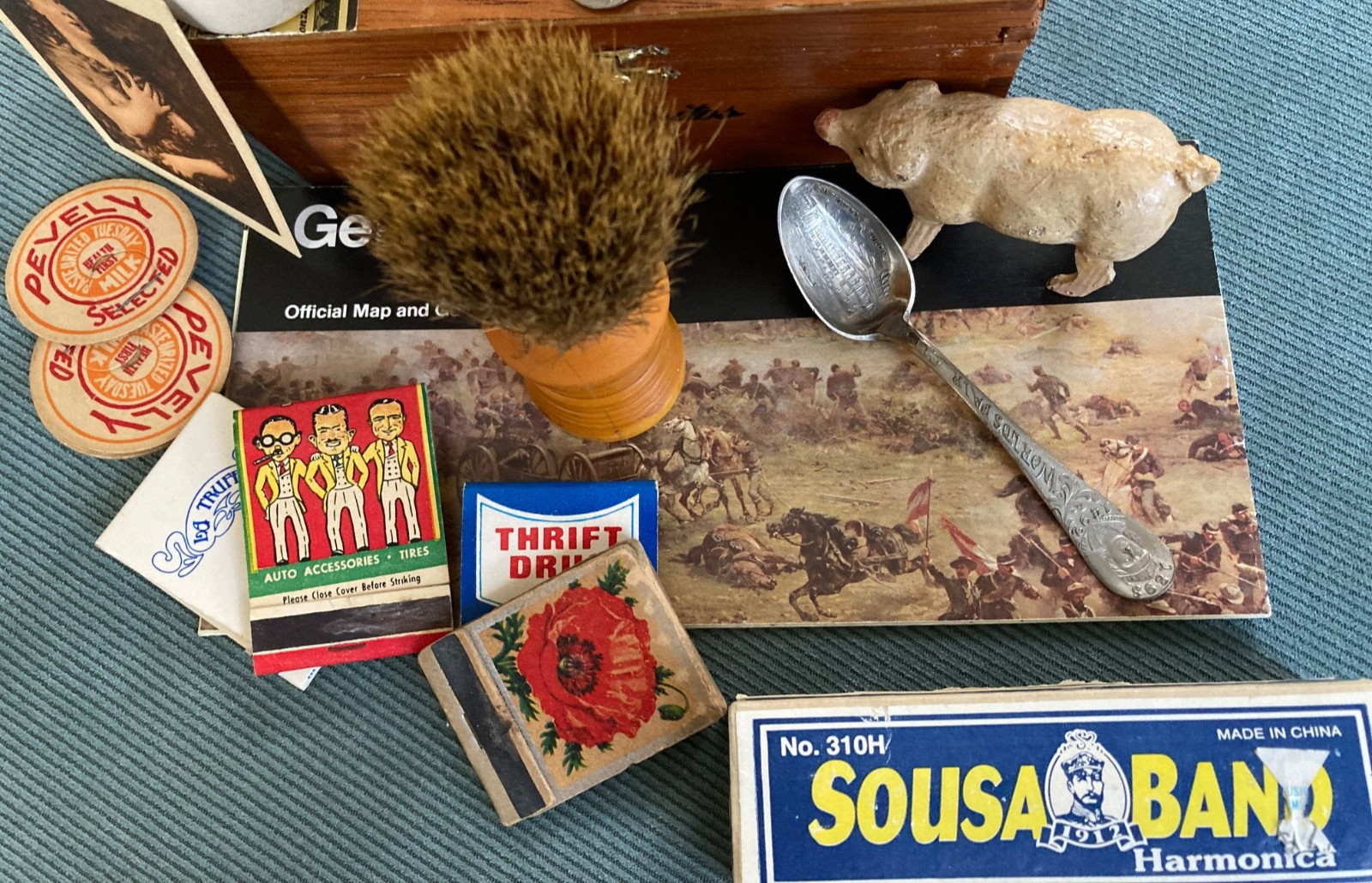 Vntg. Junk Drawer Lot Cigar Box Bakelite Brush,Flask,Pep Boy’s Matches Spoons —
