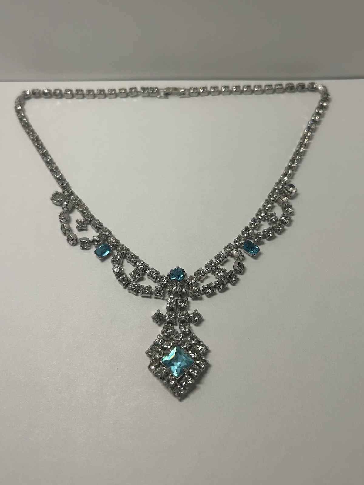 Silver Tone Tennis Chain Statement Necklace Blue Square Dangle Pendant
