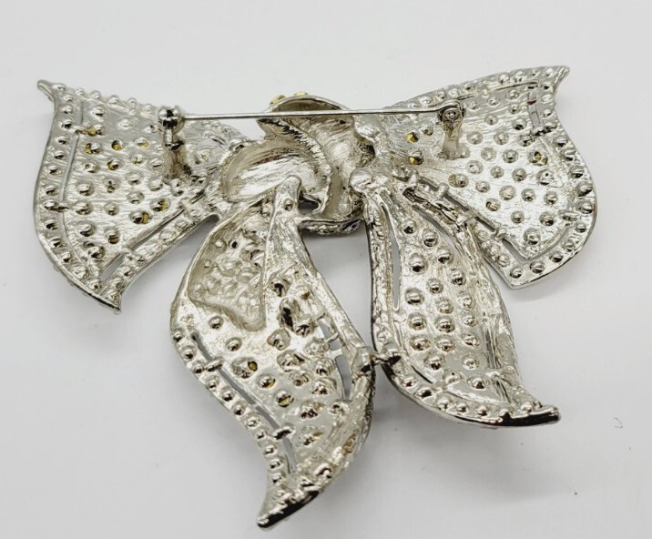 HUGE Ribbon Bow Crystal PAVE Silver tone Brooch Pin 3.75 in x 4 in Runway