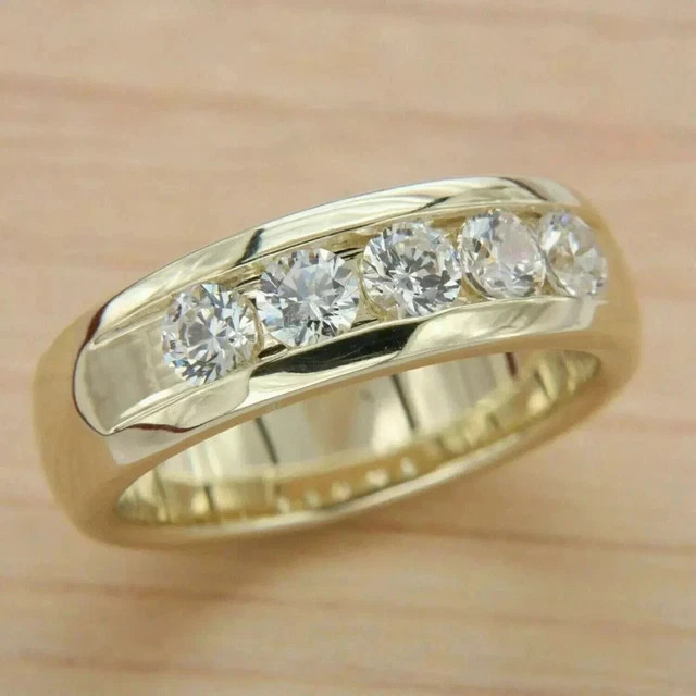 Real Moissanite 2Ct Round Cut Men’s Wedding Band Ring 14K Yellow Gold Plated