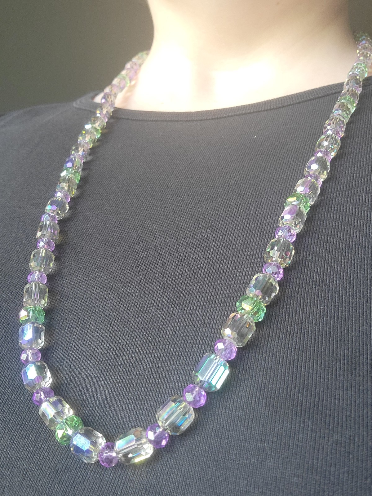 Iridescent Genuine Crystal Beaded Necklace in Purple & Green Artisan Handmade