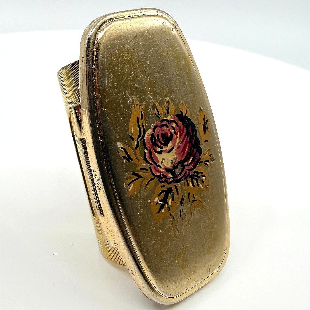 Vintage Gold Tone Painted Rose Scarf Ring Slide Floral Retro Ornate Elegant 90s