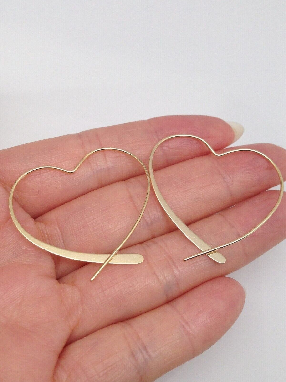 925 Sterling Silver Gold Heart Hoop Threader Earrings Women 34mm x32mm Medium