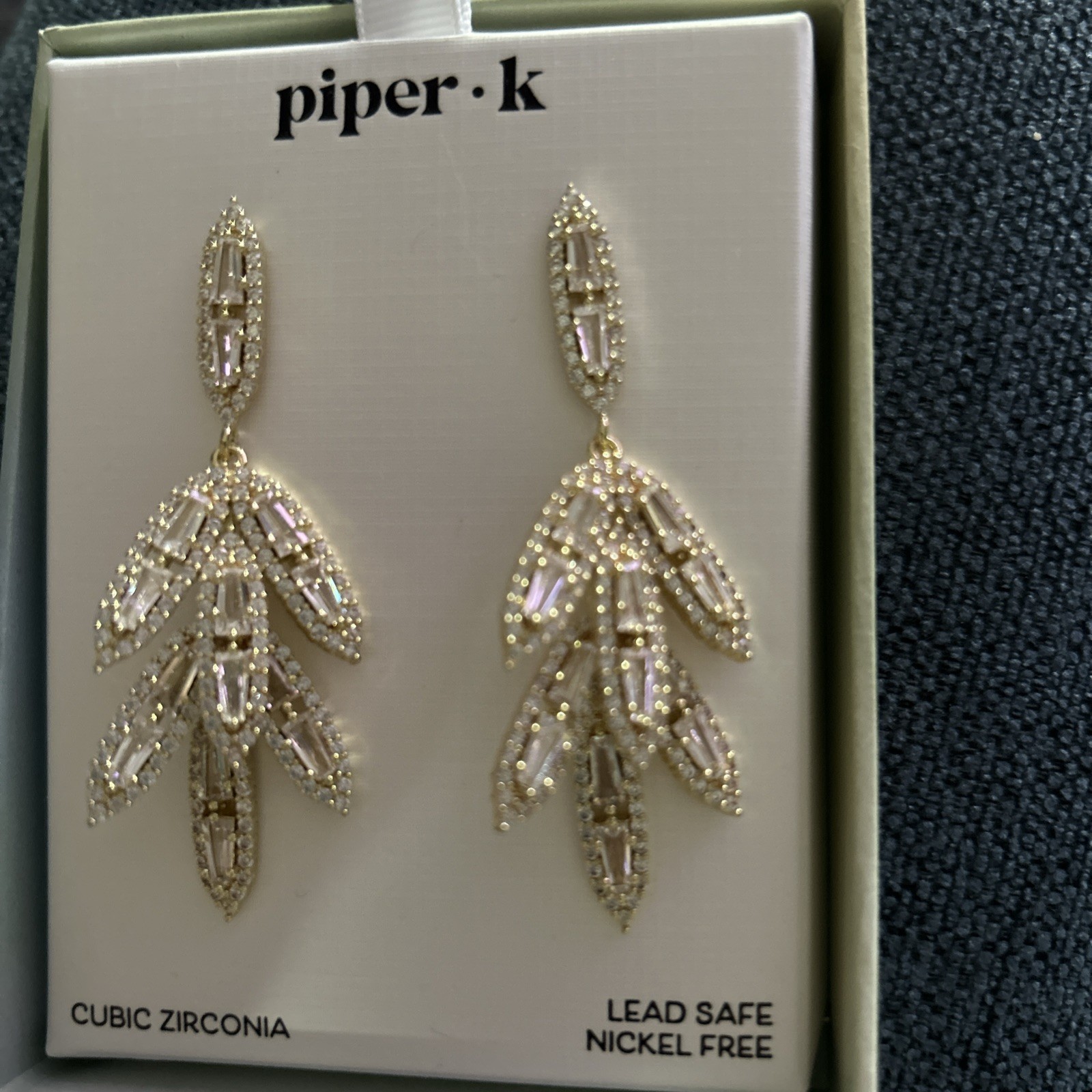 NEW Piper K. Gold-plated Leaf Drop Earrings with Baguettes & Round CZ Stones
