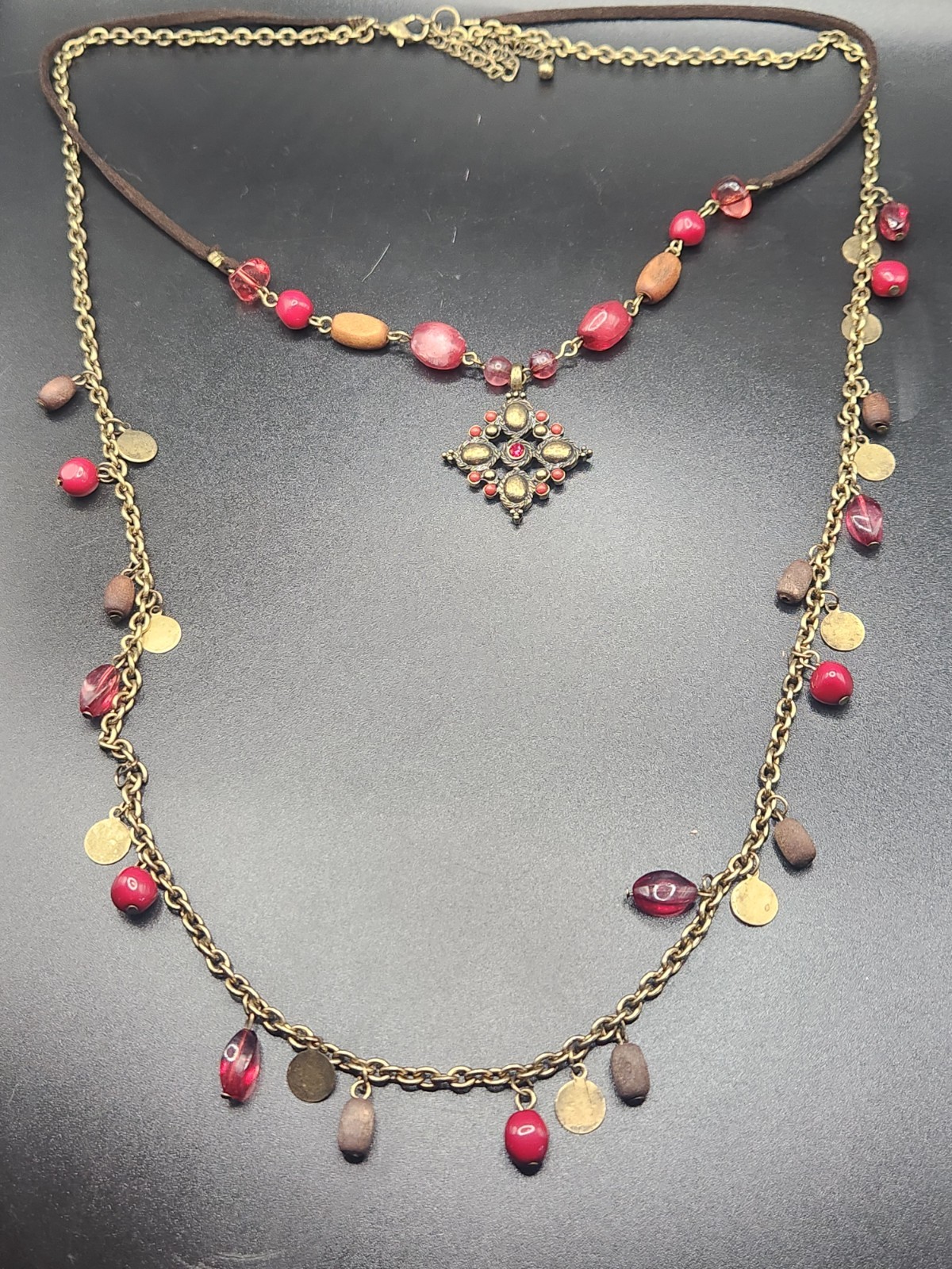 #0405 – Boho Layered Necklace Red Beads Antique Gold Tone Coin Dangles 19″ +…