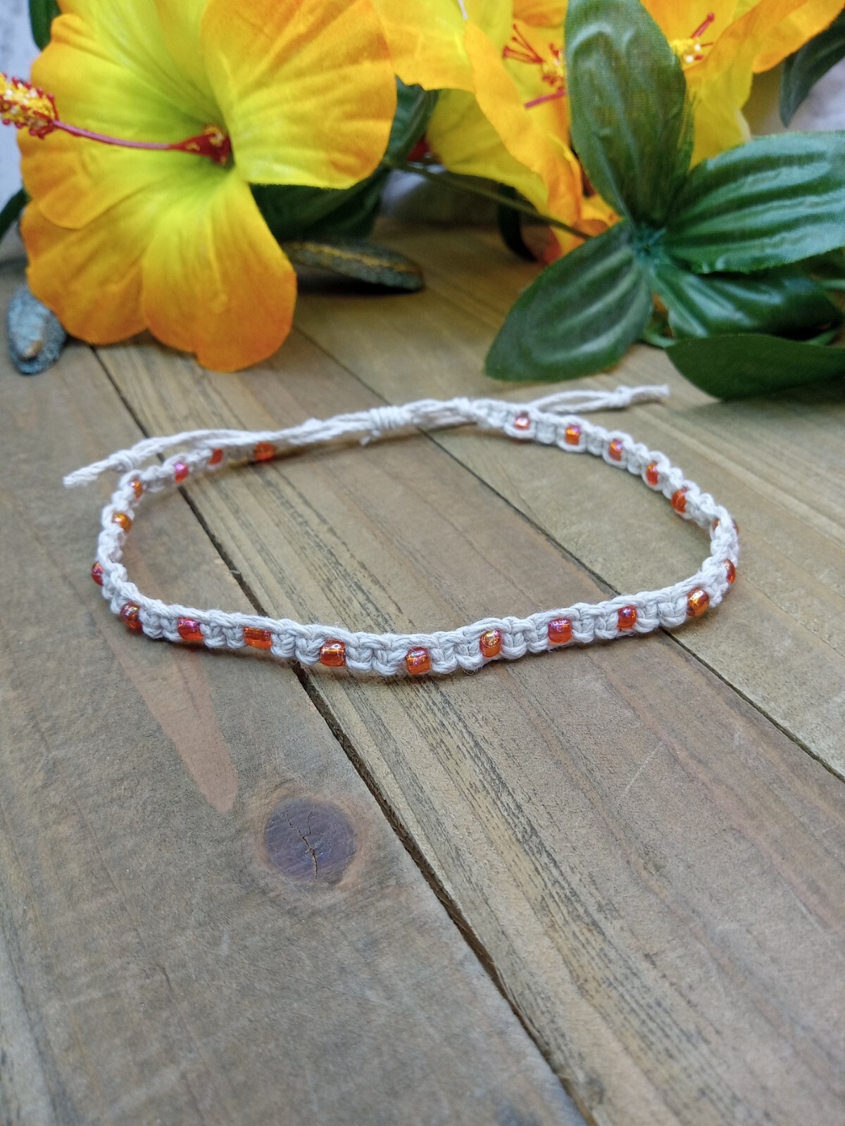 Natural Hemp Anklet with Orange Glass Beads 9.5 inches Hand Knotted Macrame