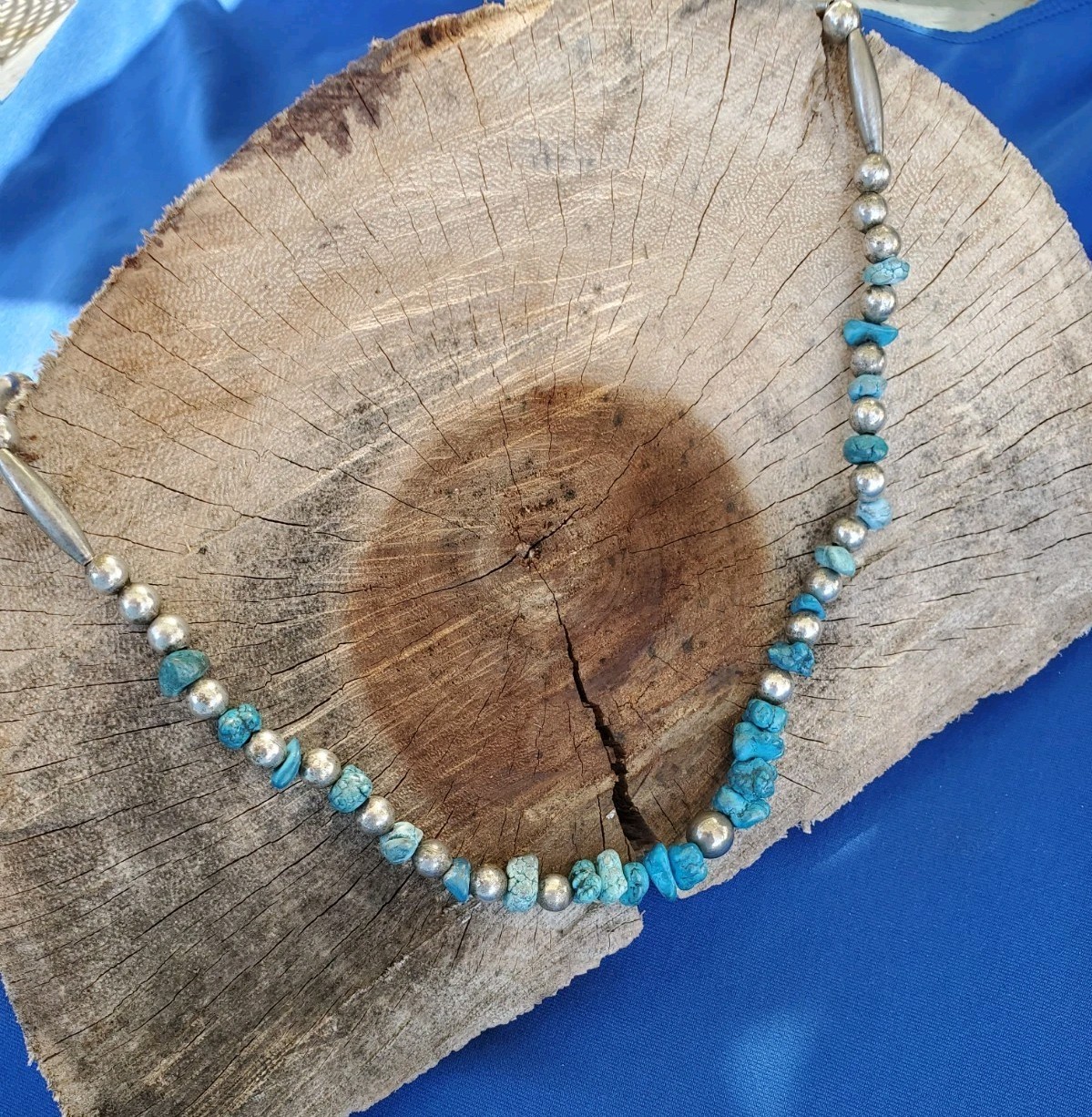 Original NATIVE VINTAGE NAVAJO TURQUOISE STERLING SILVER Beads NECKLACE 21″ INCH