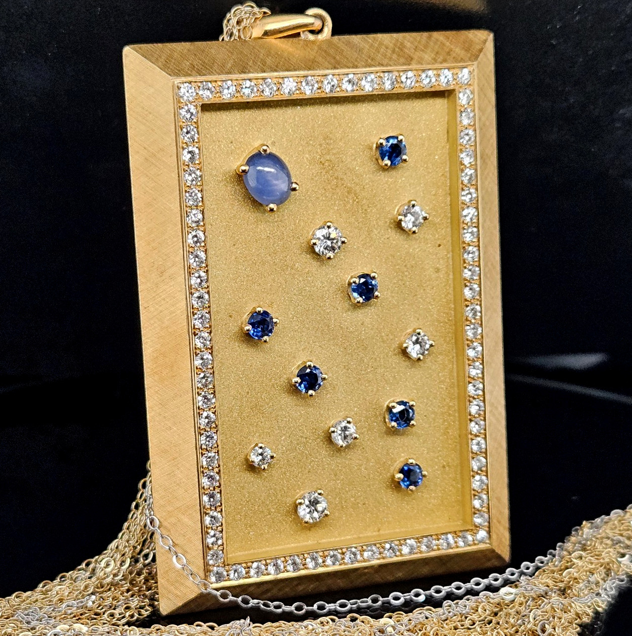 18K Gold DIAMOND STARRY NIGHT WINDOW Pendant Necklace Star Sapphire 45 Grams