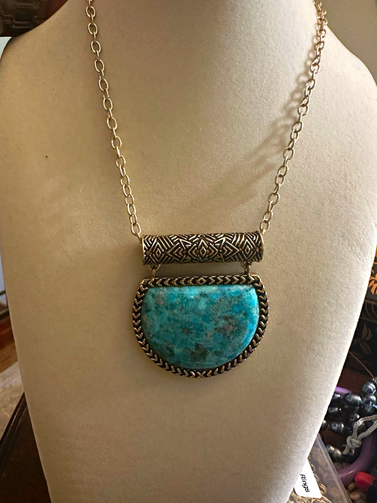Barse Signed Turquoise Half Moon Pendant Necklace Bezel Silver Tone Thailand
