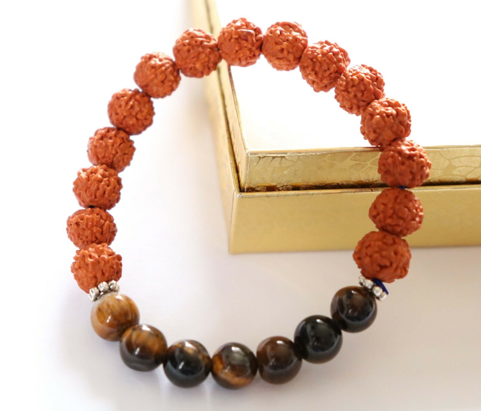 Rudraksha beads mala stretch bracelet with tiger eyes handmade unisex bracelet