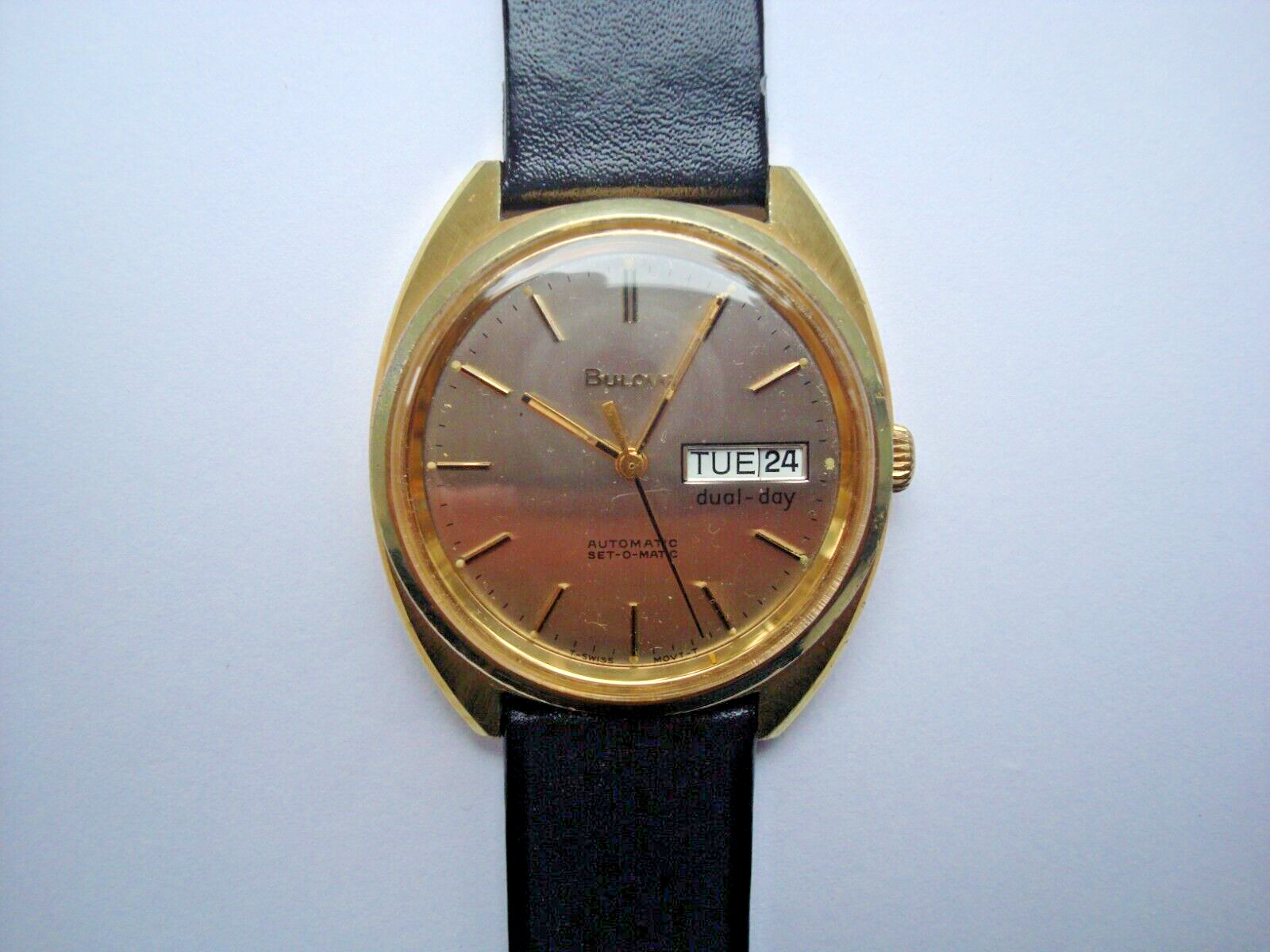 Bulova N7 Mens Automatic Watch 17j. ETA 2879 Day Date Quick Set New Band GC Runs