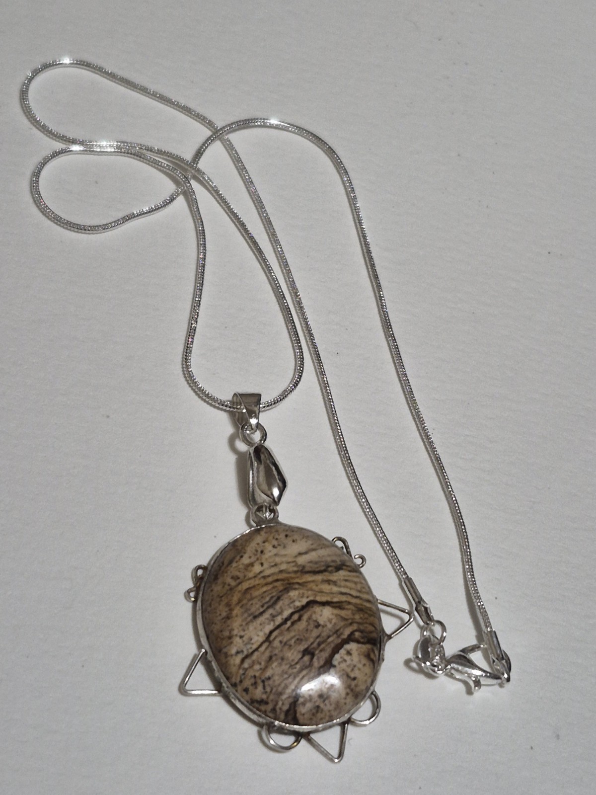 925 Sterling Silver Picture Jasper Pendant Necklace Artisan Wire Frame Oval