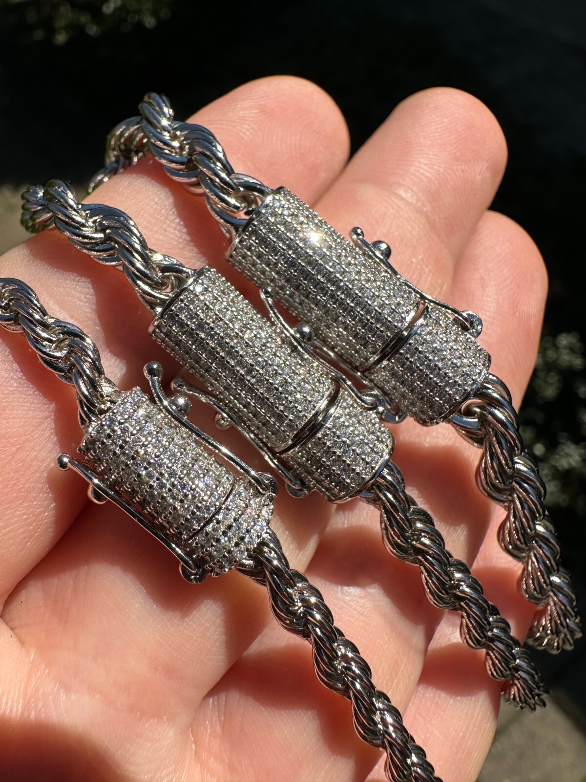 Iced MOISSANITE Clasp 925 Silver & Stainless Steel Rope Chain Necklace Bracelet