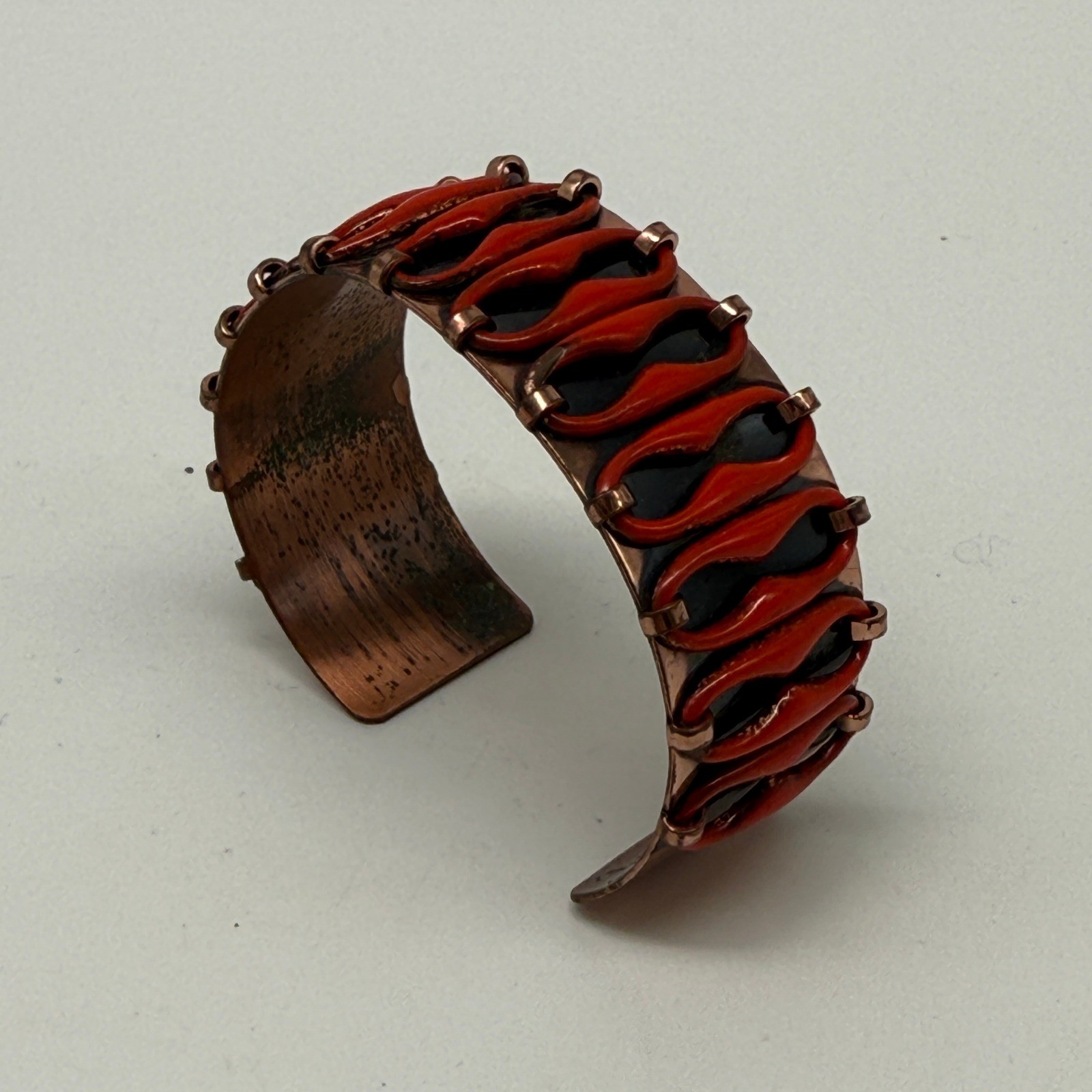 Vintage Matisse Cuff Bracelet Women Red Copper Mid-Century Modern Enamel MCM