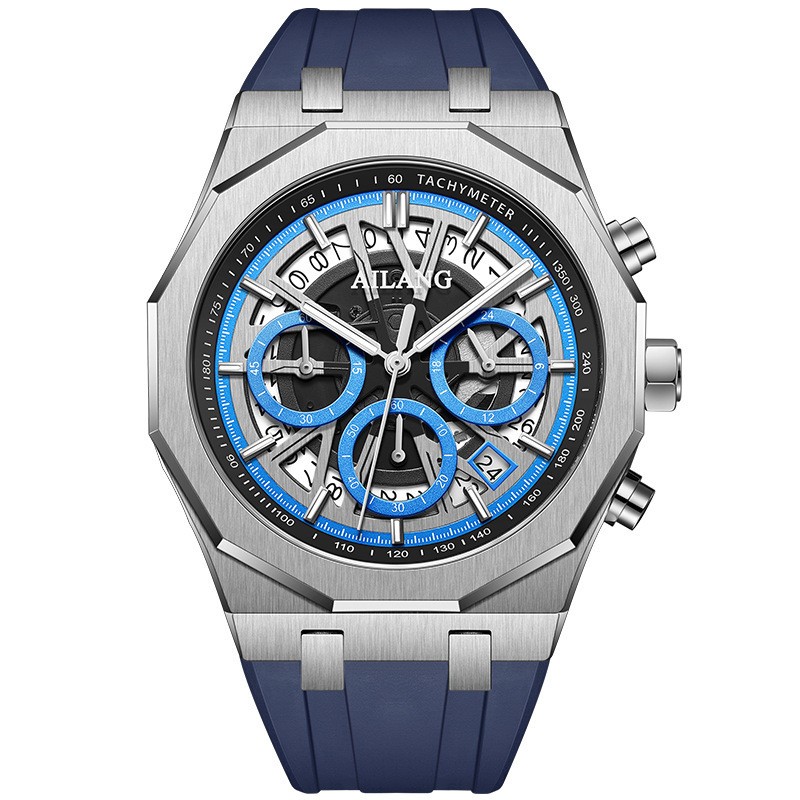 AILANG Men Skeleton Dodecagonal Multifunction Chronograph Luminous Quartz Watch
