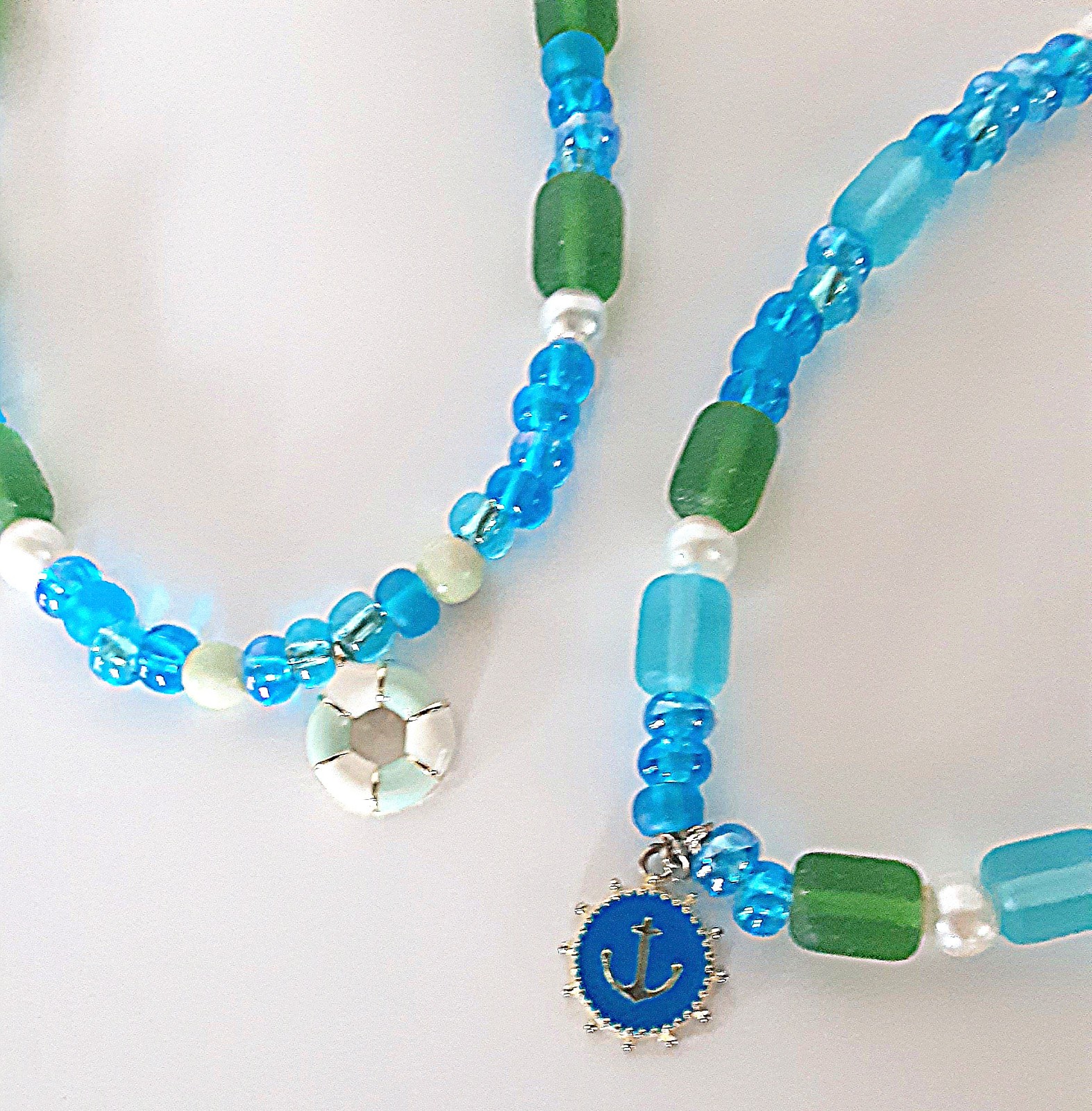 Handmade Sister Friends Sea Glass Nautical Charm Beaded Ankle Bracelet Set