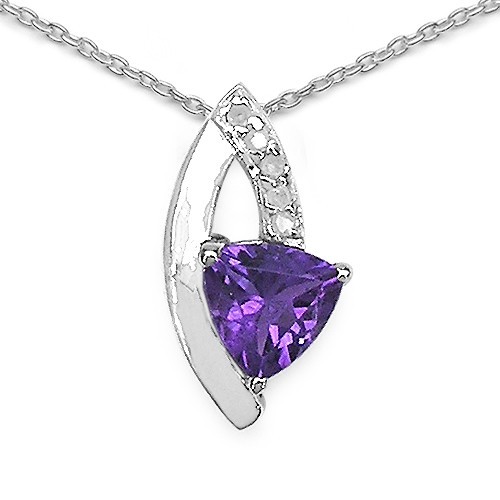 African Amethyst Trillion Pendant Necklace with White Diamond Accents in 925 Ste