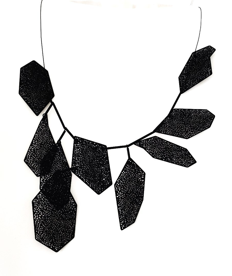 Black Metal Bib Necklace – Perforated Metal – One of a Kind Design