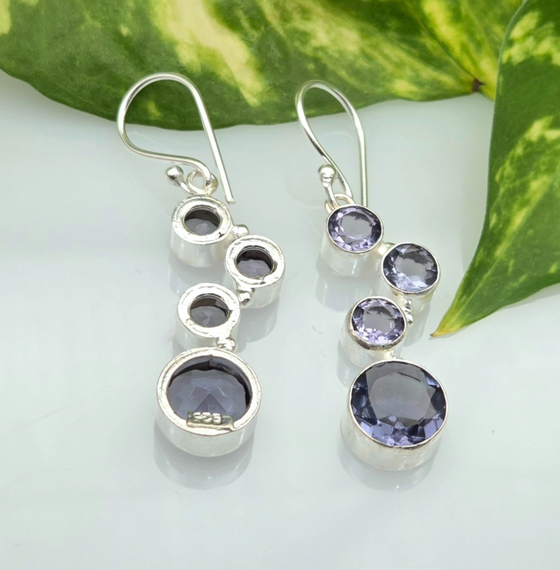 Natural Iolite Round Gemstone 925 Sterling Silver Handmade Dangle Earrings BT