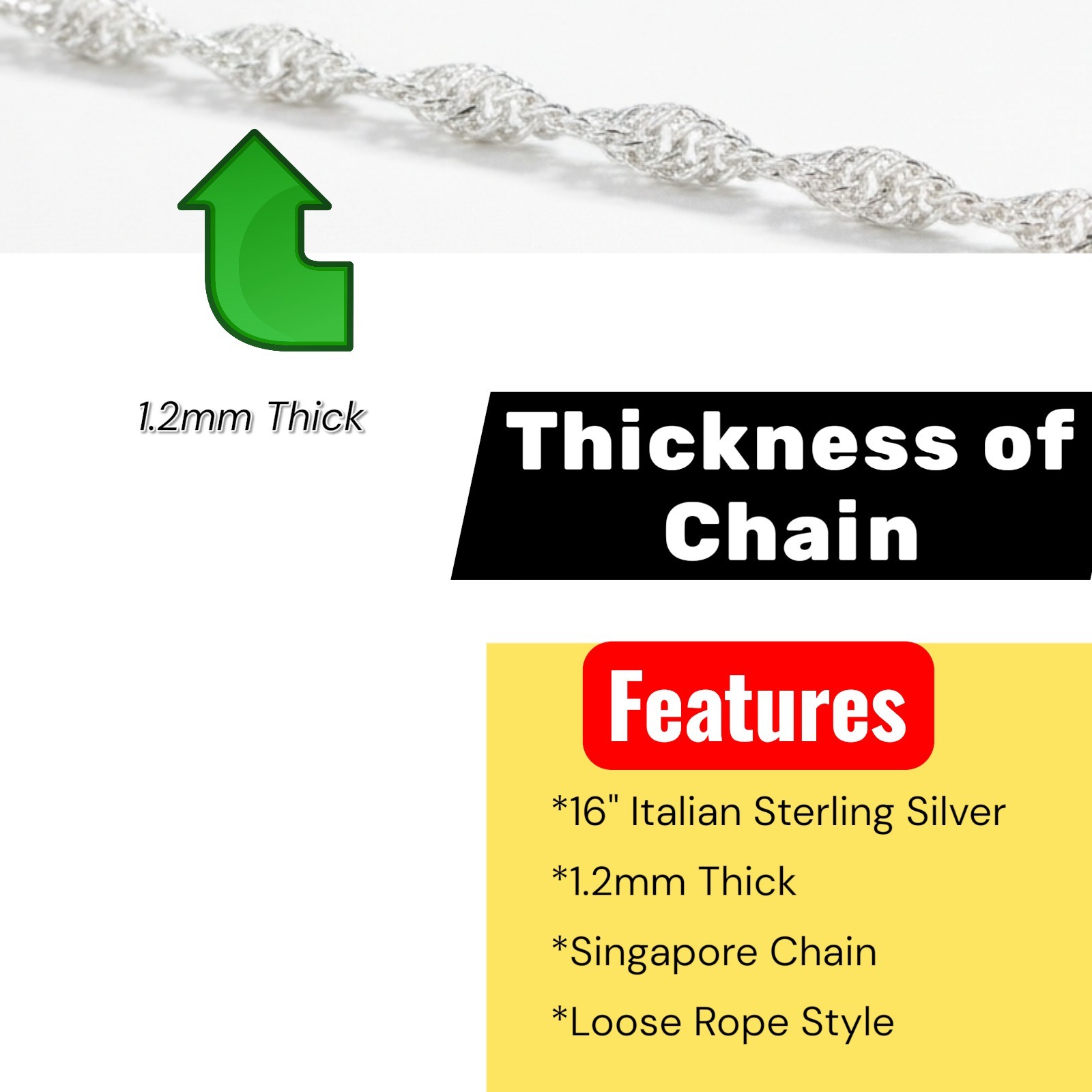 925 Sterling Silver 16″ 1.2mm Italian Singapore Loose Rope Chain Necklace Womens