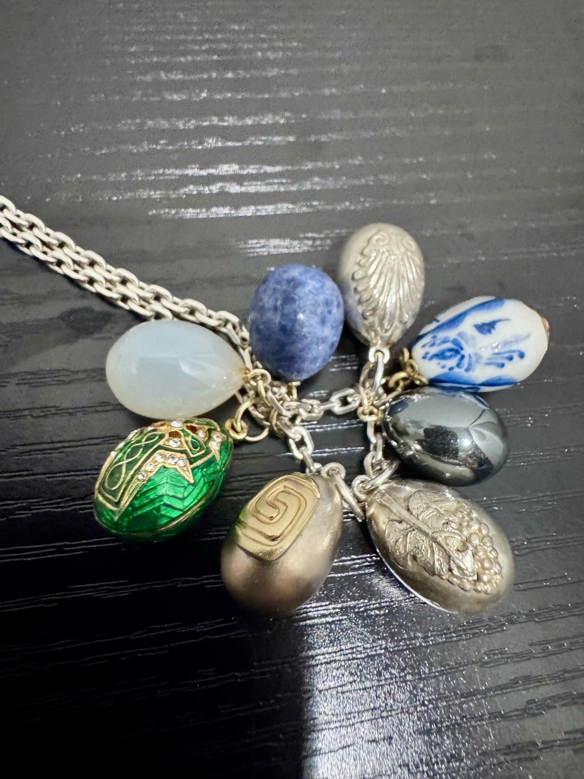 Vintage Soviet Russian Sterling Silver Vermeil Enamel Porcelain Egg Pendant 24”