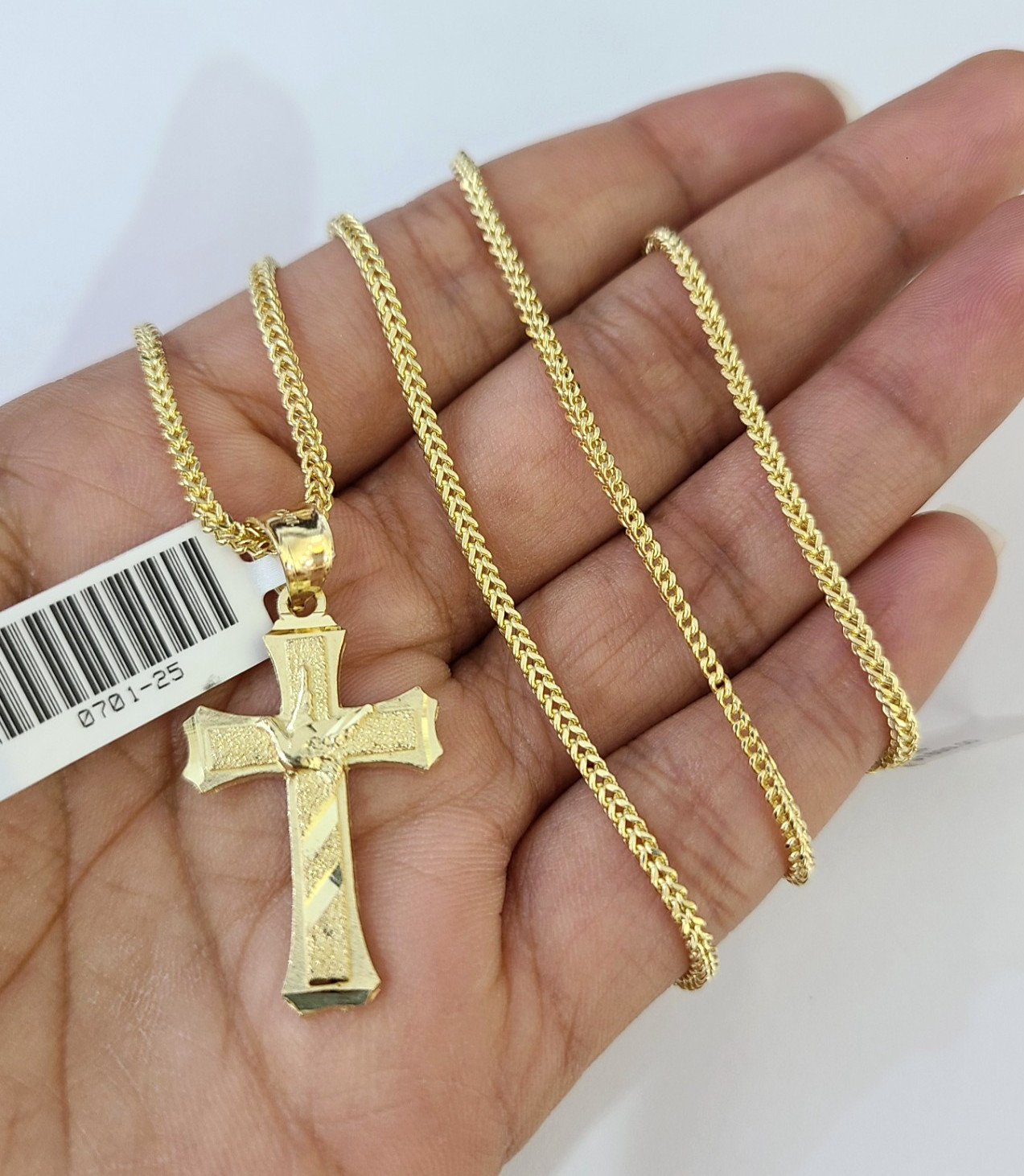 Real 10k Yellow Gold Franco Chain Jesus Cross Pendant Charm 2mm Necklace