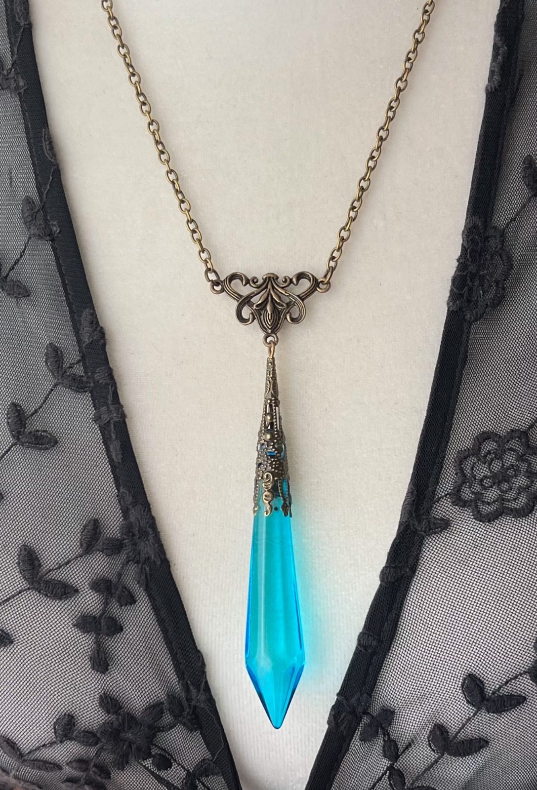 Art Nouveau Revival Necklace Huge Vintage Aqua Crystal Lamp Prism Pendant