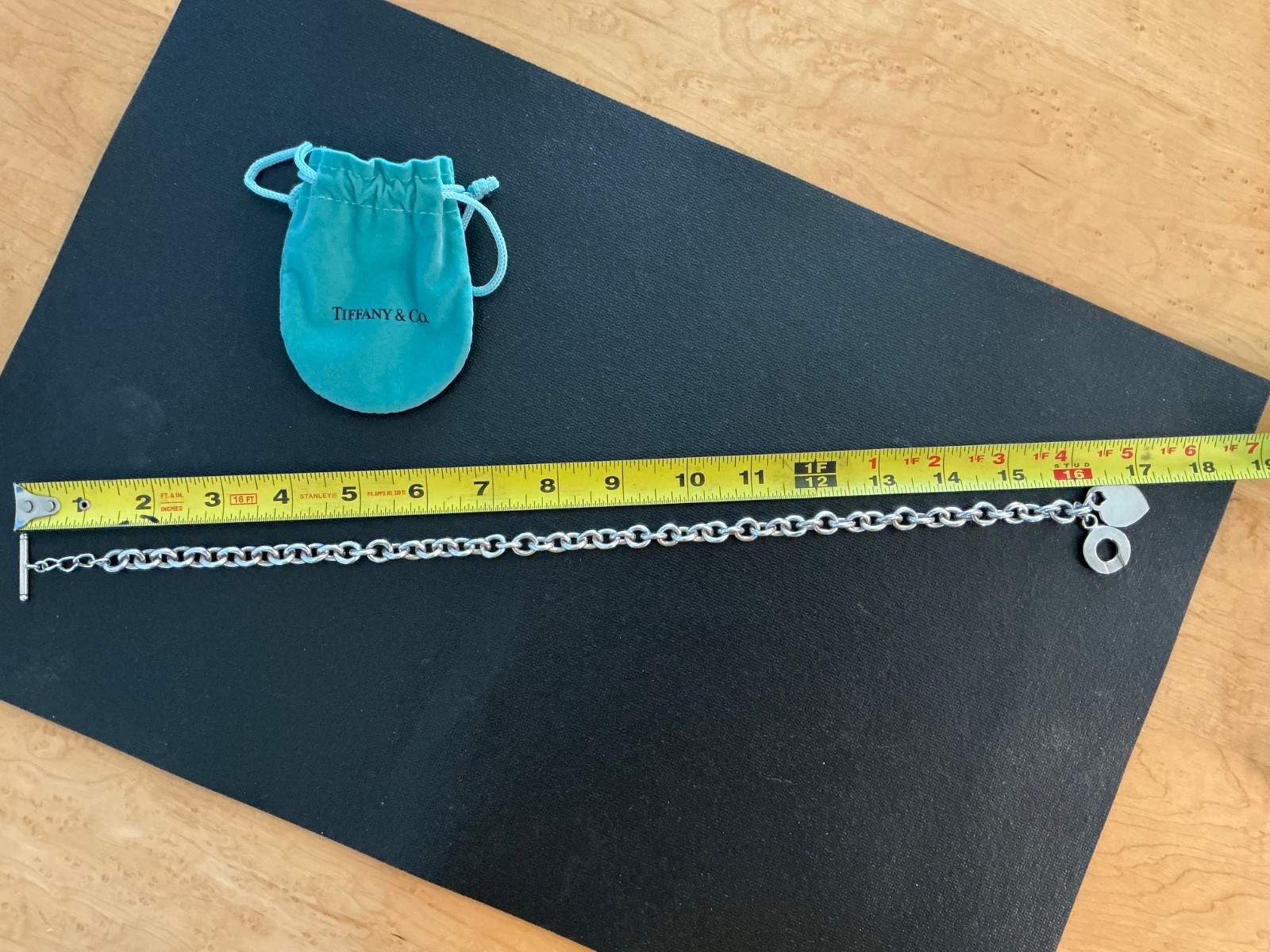 Tiffany & Co Sterling Silver 925 Heart Tag 16″ Toggle Necklace & Pouch