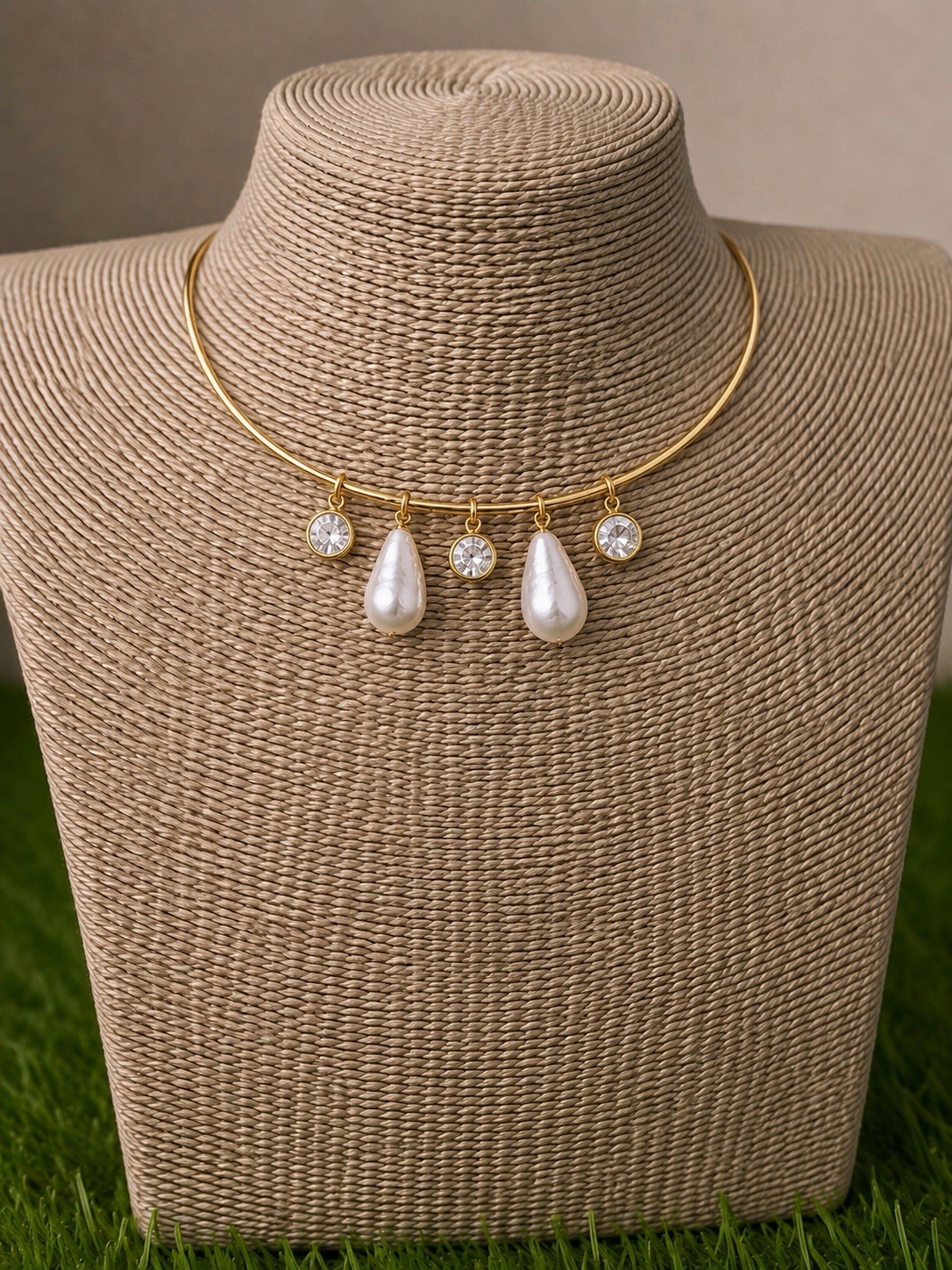 Gold Pearl Charm Choker Necklace, Baroque Pearl & Crystal Statement Necklace