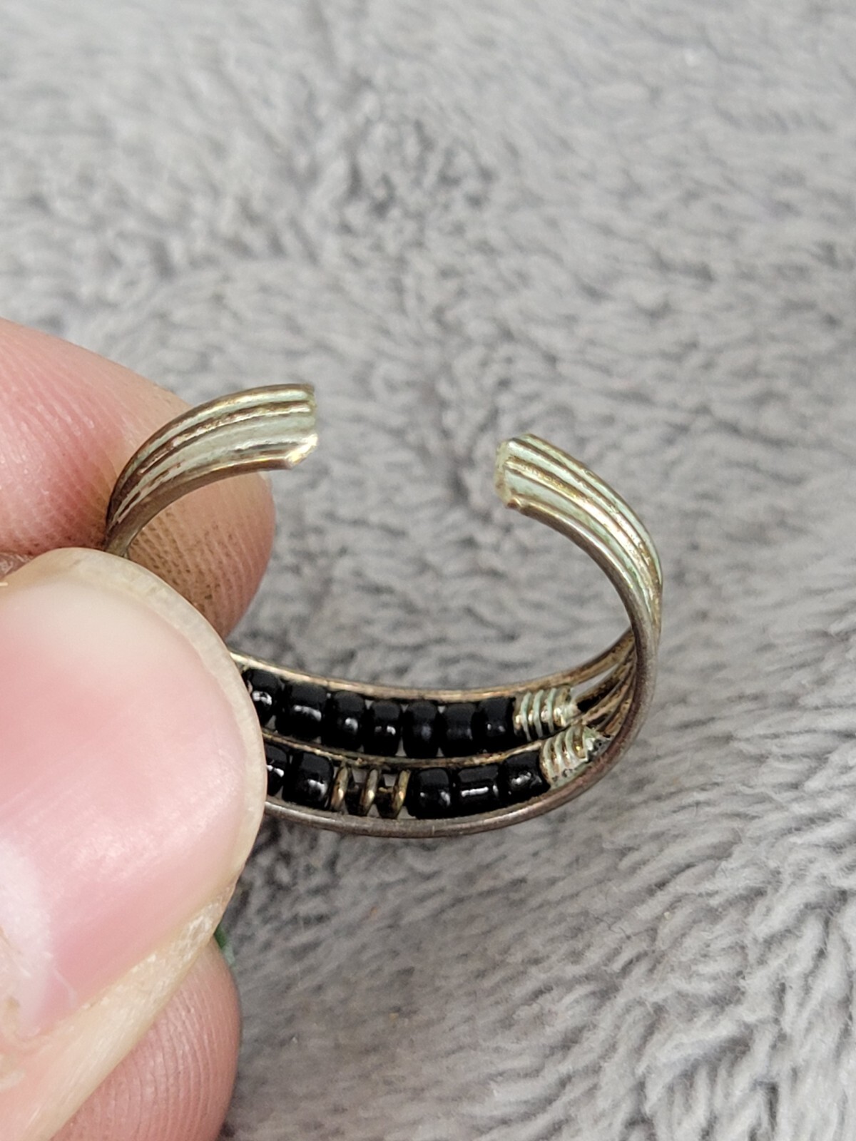 Vtg Adjustable Sterling Silver Wire Wrapped Black Beads Ring Boho Jewellery
