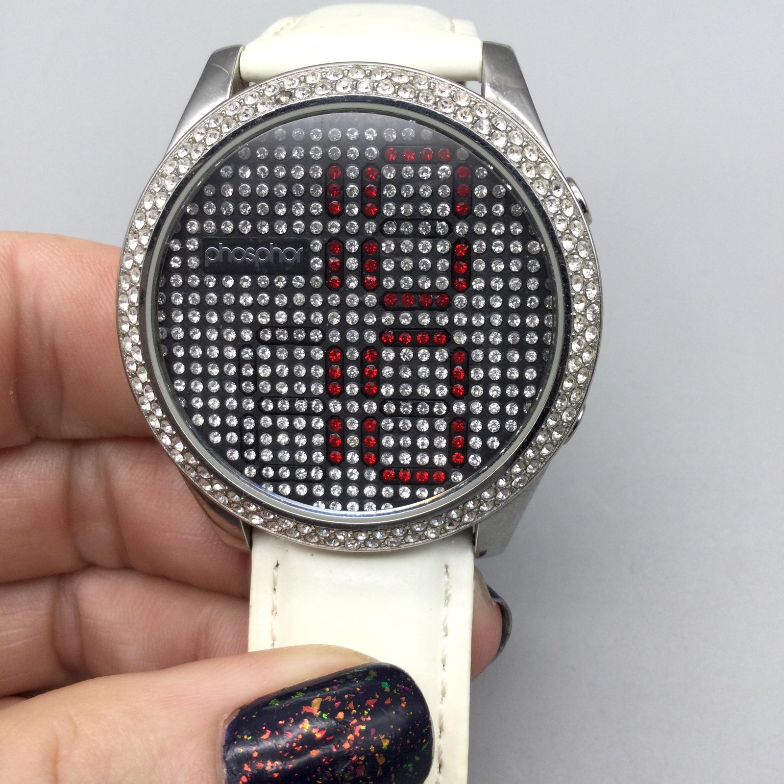 Phosphor Reveal Womens Watch 39mm Crystals LED Digital White Leather New Battery