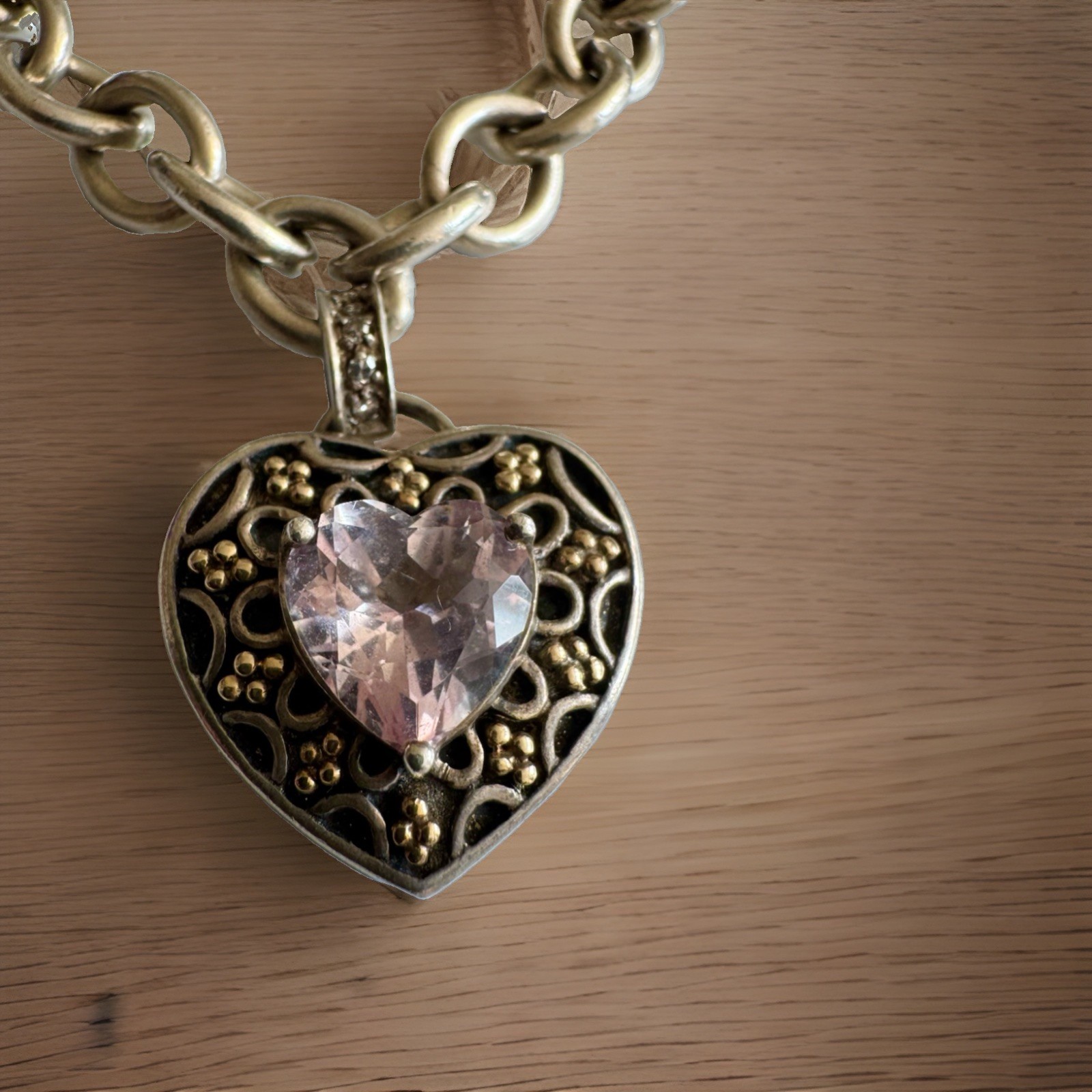 Sadye L. Vassil 14k Gold & 925 Sterling Pink Heart Topaz Toggle Necklace 59grams