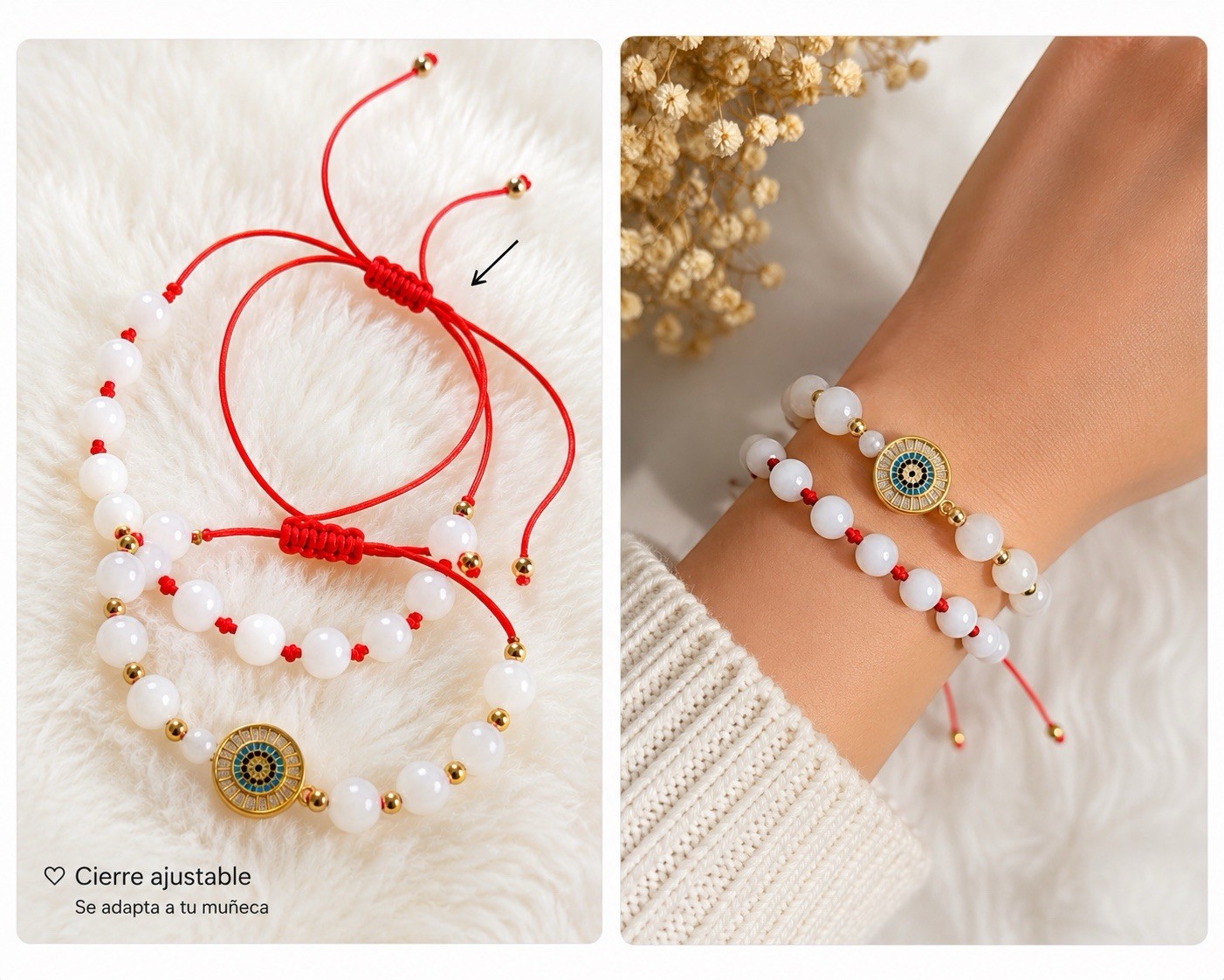 Red Cord White Beaded Bracelet, Gold-Tone Evil Eye Dangle Charm, Adjustable