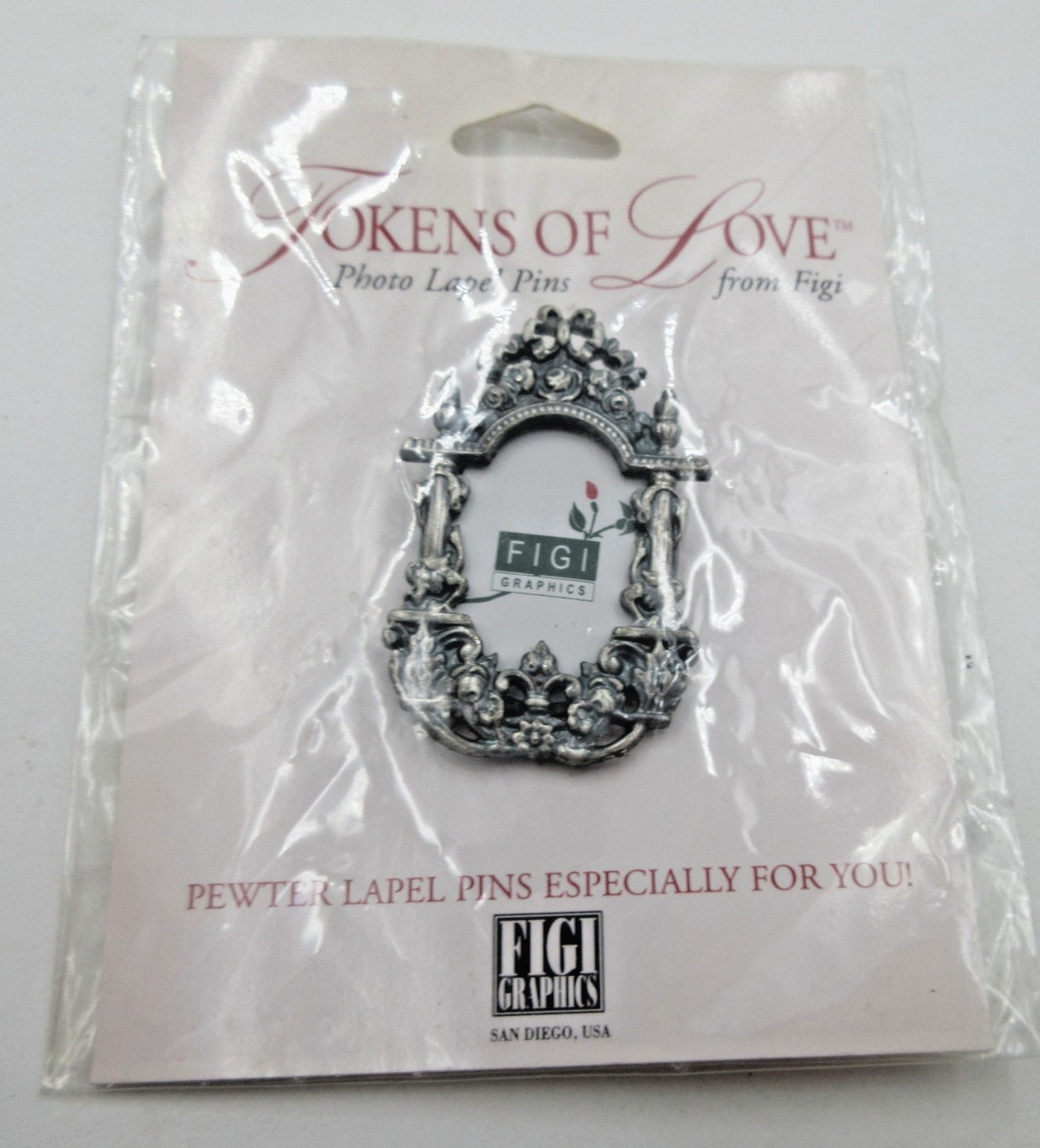 VTG 1990S TOKENS OF LOVE FM FIGI FLOWER PHOTO FRAME Brooch Pin black Silver tone