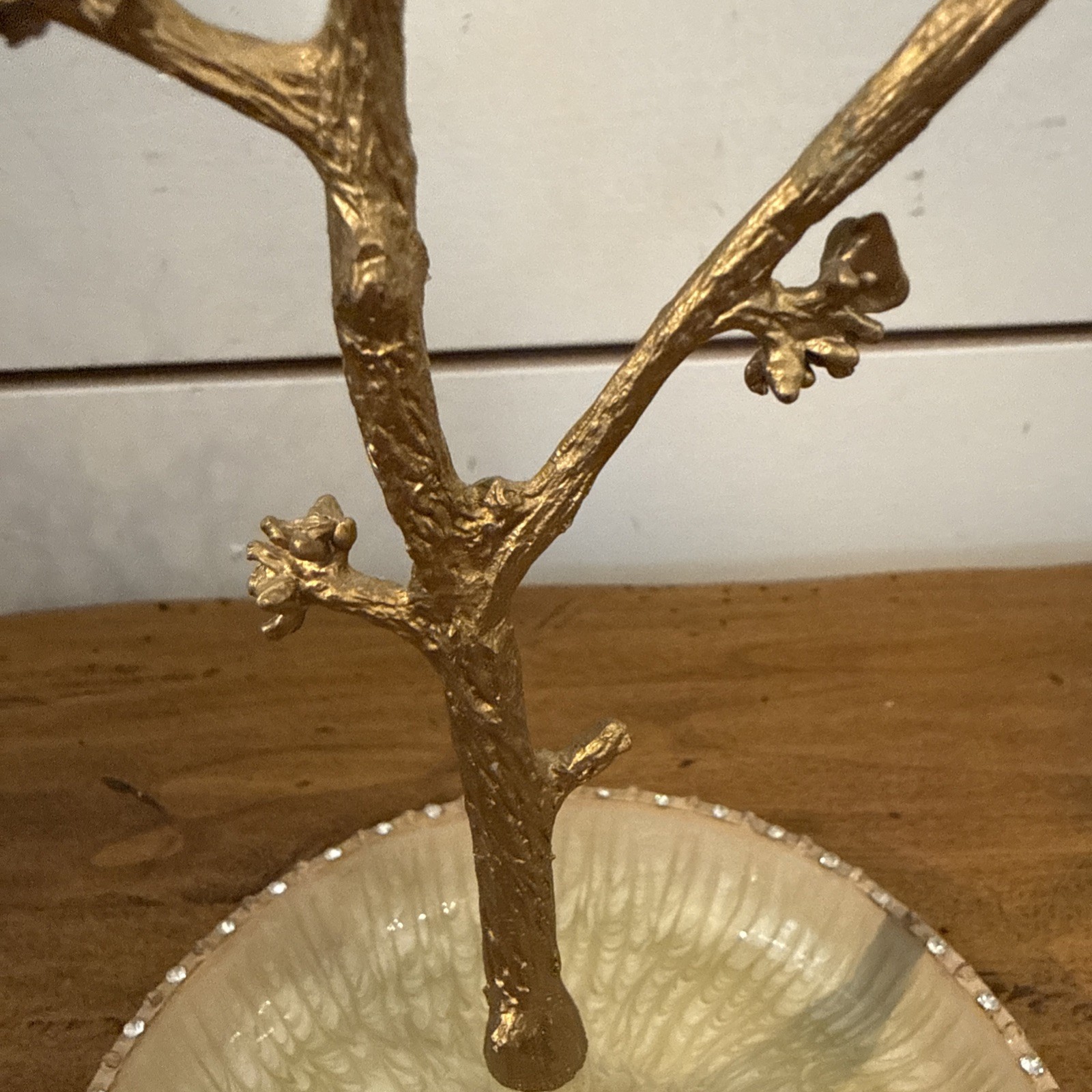 Goldtone Jewelry Tree Stand with Enamel Bowl Base