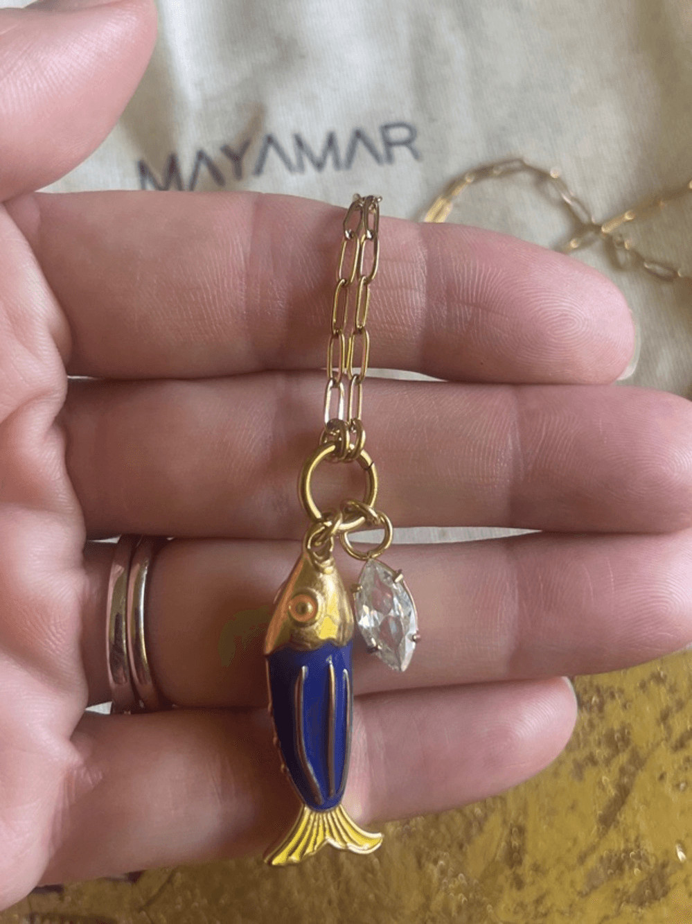 Mayamar Gold and Blue Fish Charm Paperclip Style Necklace