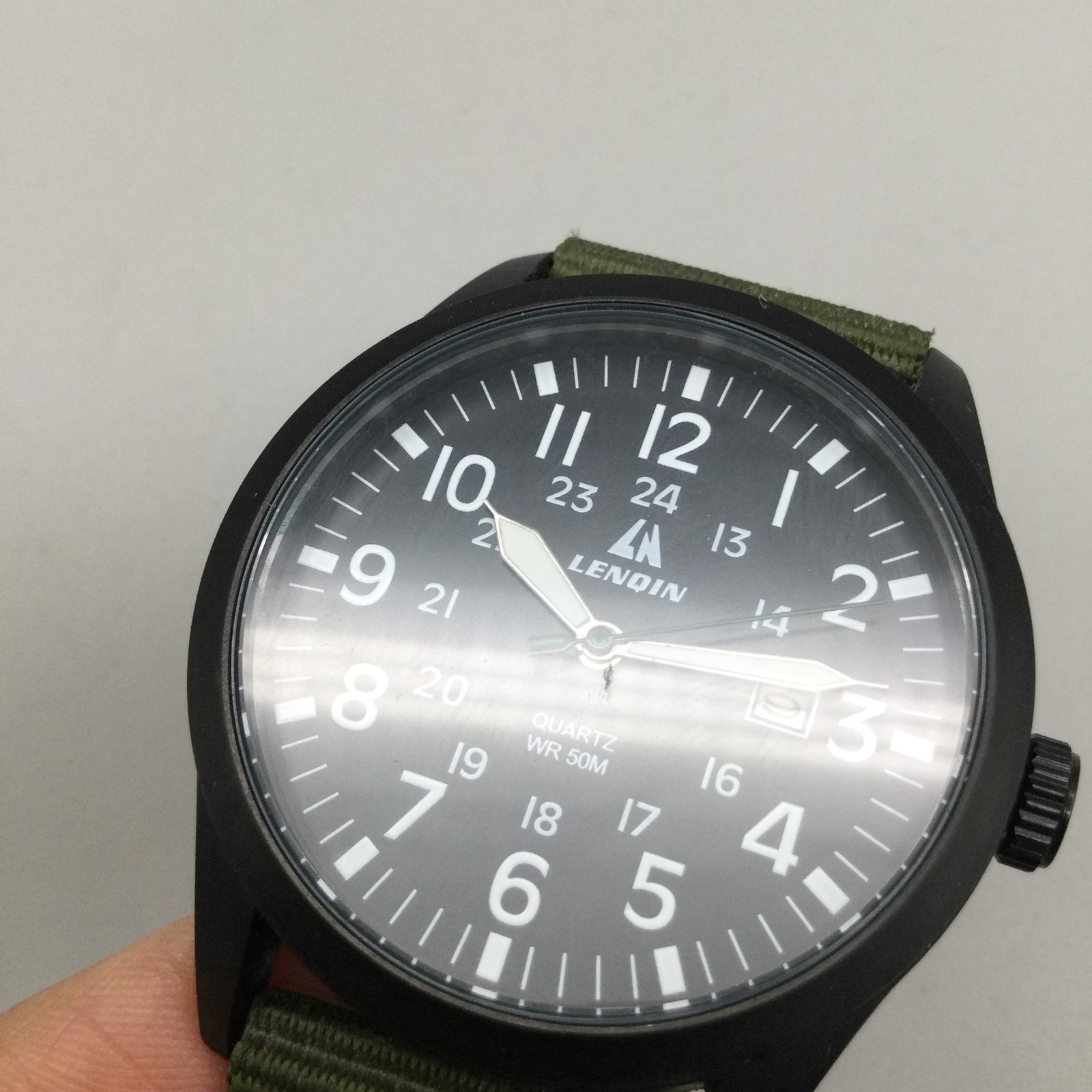 Lenqin Watch Mens 40mm Black Case Olive Green Nylon Band Date WR 50M