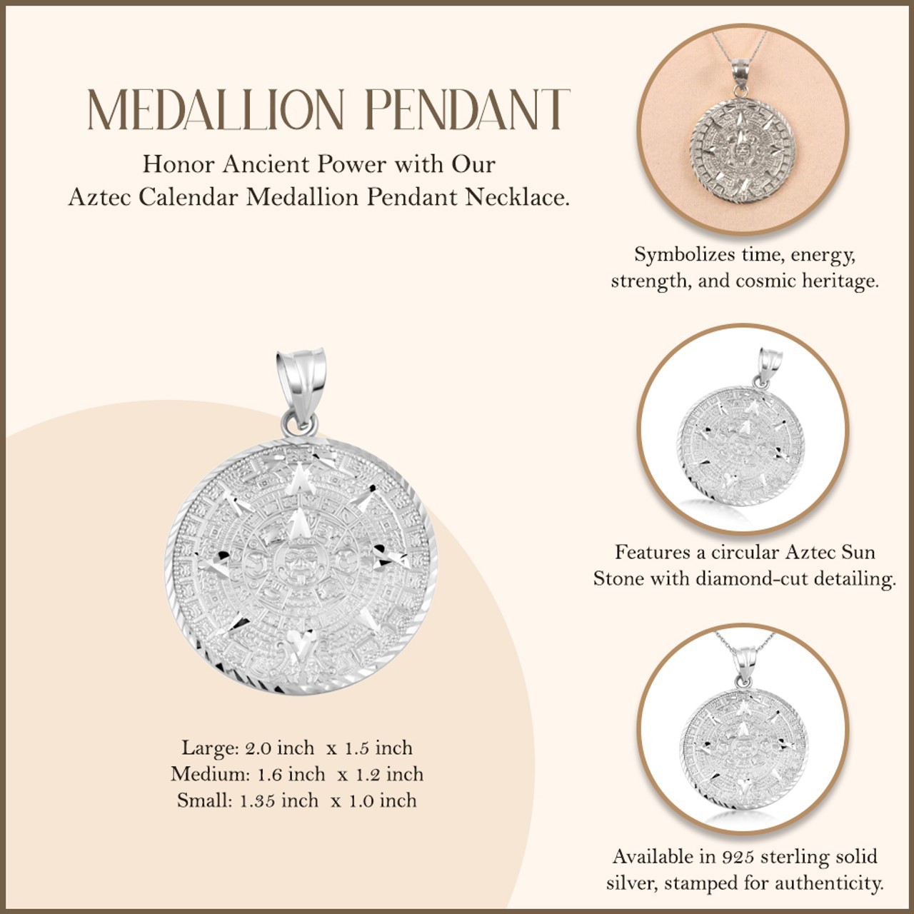 .925 Sterling Silver Aztec Calendar Pendant Necklace (Available in Size S/M/L)