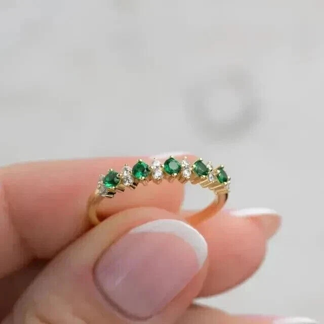 0.70Ct Round Cut Natural Emerald & Diamond Wedding Band Ring 14k Yellow Gold