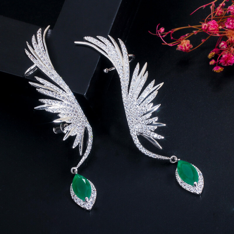 Women Silver Plated Cubic Zircon Dangle Drop Long Feather Wing Ear Cuff Earrings